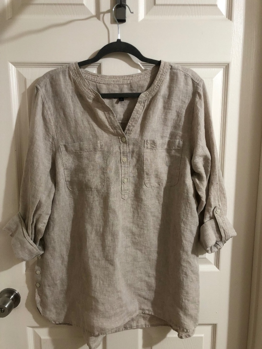 Talbots 100% Linen Tunic Top XL Oatmeal Beige Roll Tab Sleeve